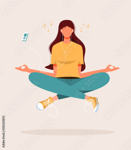 Concept illustration of Young Woman for yoga, meditation, relax, recreation, healthy lifestyle. Vector illustration in flat cartoon style