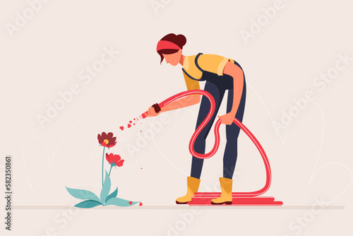 Planting tree, man and woman gardening and growing plant vector. Romantic man and woman water and care for the love plant. 
