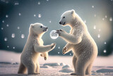 Two white polar bear cubs playing snowball in the north pole. Animal and Seasonal concept. Digital art illustration. Generative AI