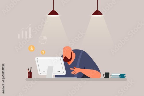 Male Office Worker Sitting Behind Desk Office Flat Design Concept, Bussinesman Working with His Computer Vector Illustration