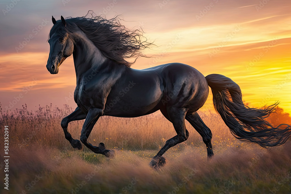 Fototapeta premium a black horse is galloping on its hind legs with its tail spread out and it's tail spread out, generative AI