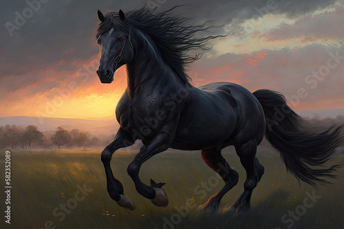 a black horse is galloping on its hind legs with its tail spread out and it's tail spread out, generative AI © Kien