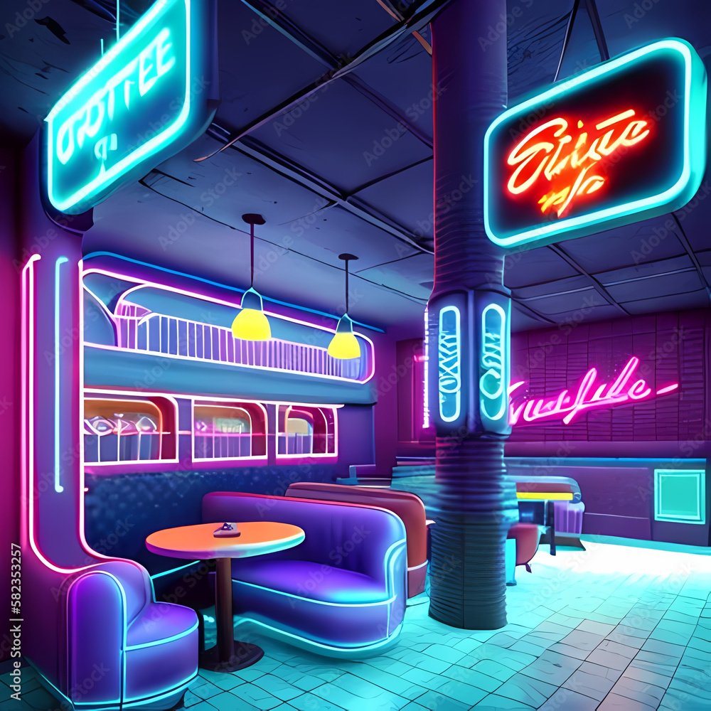 neon futurist street with retro restaurant , 3d rendering ...