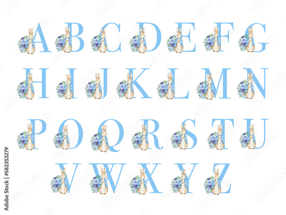 Alphabet blue with watercolor cute rabbit with flowers Alphabet blue with watercolor cute rabbit with flowers