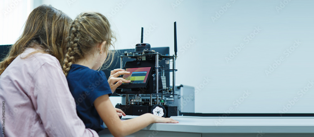 Kid-friendly Experiments to education learning technology science robotics mechanics classes intelligent smart, School children in the class, Innovation technology and success concept