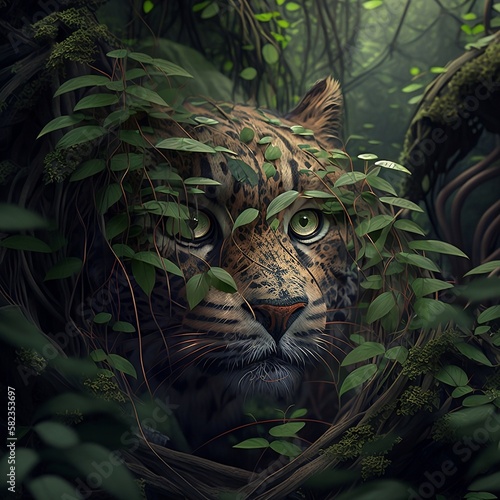 Fantasy Spotted Leopard Hiding Behind Leaves Generative AI