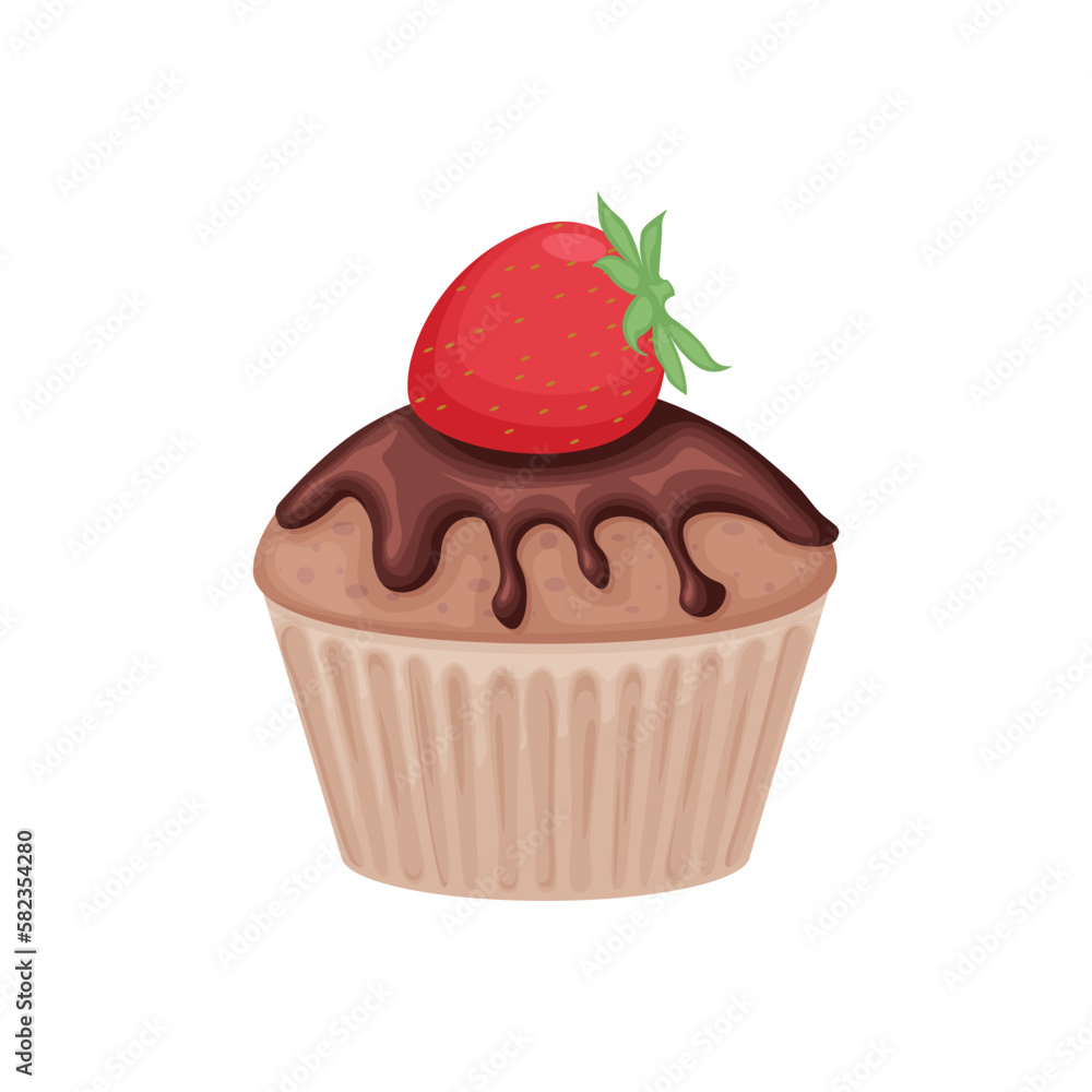 Cupcake. Chocolate cupcake with strawberries. Strawberry chocolate cake. Sweet dessert. Vector illustration isolated on a white background Cupcake. Chocolate cupcake with strawberries. Strawberry chocolate cake. Sweet dessert. Vector illustration isolated on a white background