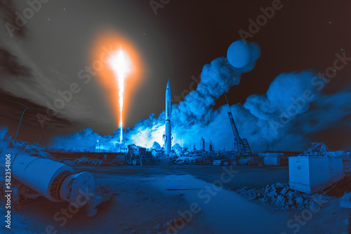 The Night Launch of a Rocket: Blue Smoke Mixes with the Light of the Moon