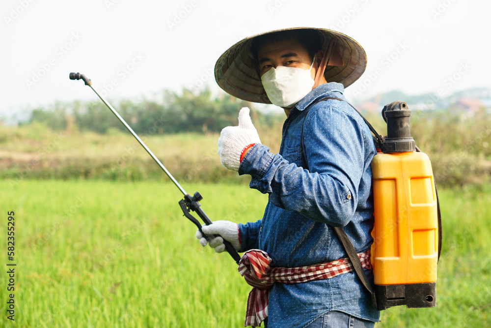 Handsome Asian farmer is spraying organic fertilizer at paddy field. Concept using friendly product with environment , Agriculture with no chemicals using. Safety with user and environment. Handsome Asian farmer is spraying organic fertilizer at paddy field. Concept using friendly product with environment , Agriculture with no chemicals using. Safety with user and environment.