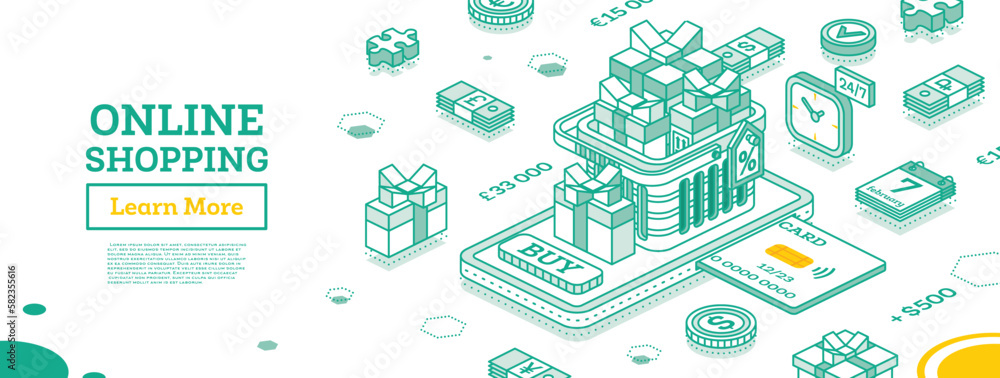 Online Shopping Concept wıth Smartphone, Basket and Gift Boxes. Isometric Outline Scene. Sale, Consumerism, Buy Online and E-commerce Concept.