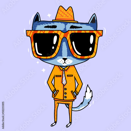 Cat in Yellow Suit and Glasses Vector Illustration