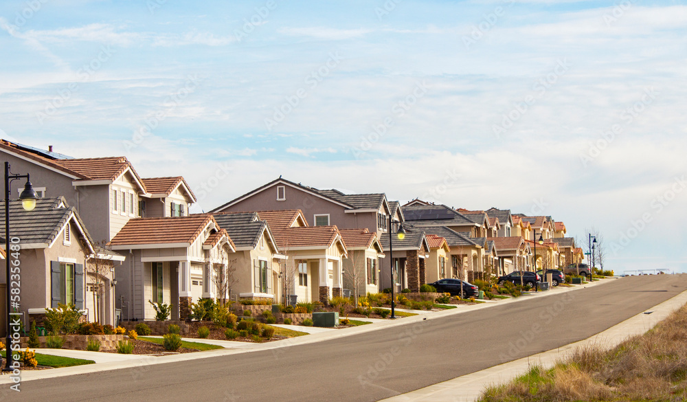 Long row of suburban homes in California - obrazy, fototapety, plakaty 
