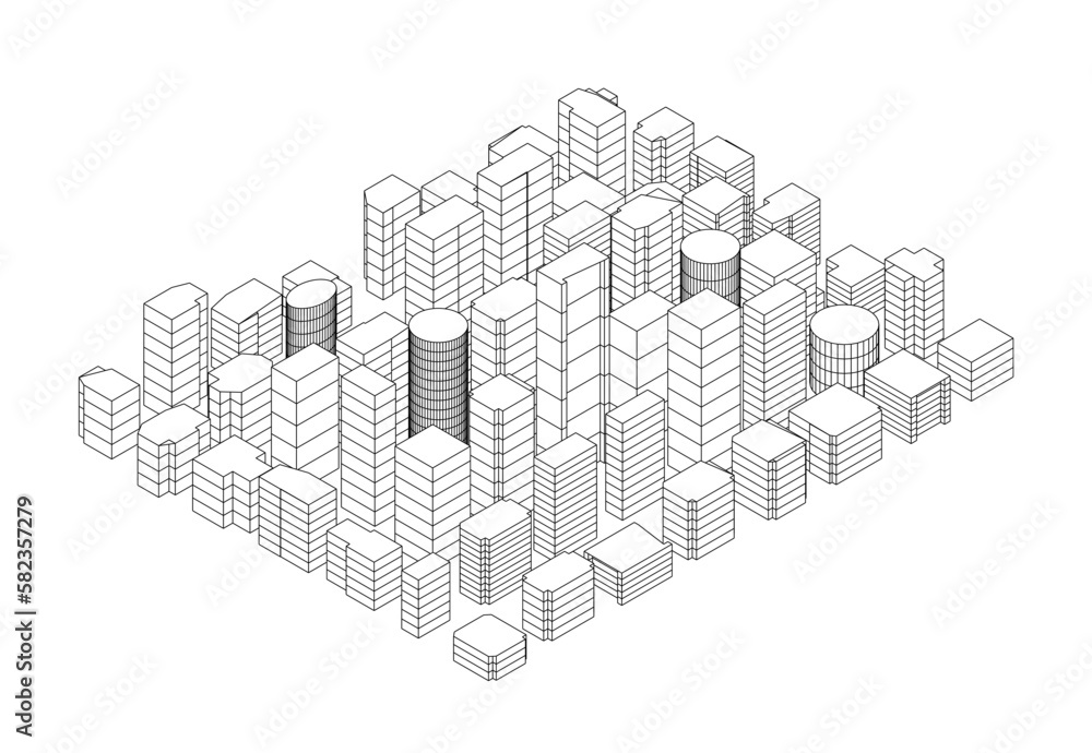 Abstract city wireframe from black lines isolated on white background. Isometric view. 3D. Vector illustration.