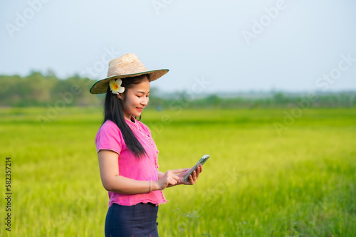 Beautiful asian woman working laptop outdoors in rice fields.