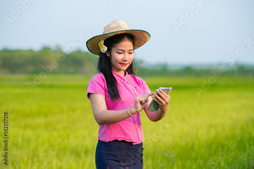 Beautiful asian woman working laptop outdoors in rice fields.