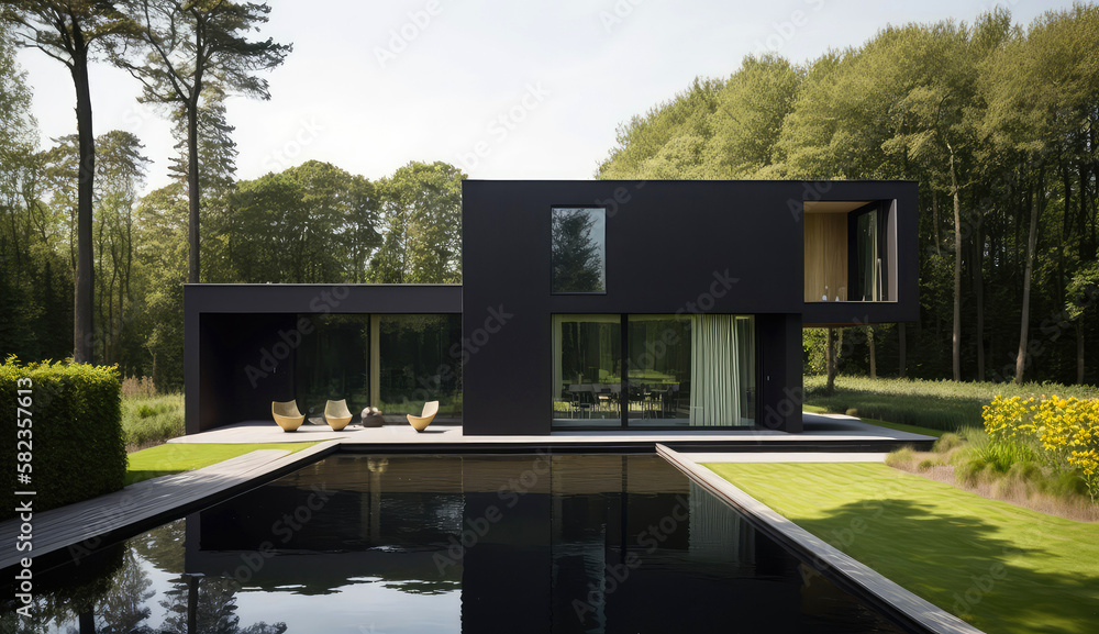 Obraz premium Ultra-modern minimalistic style black wood house design. Generative AI