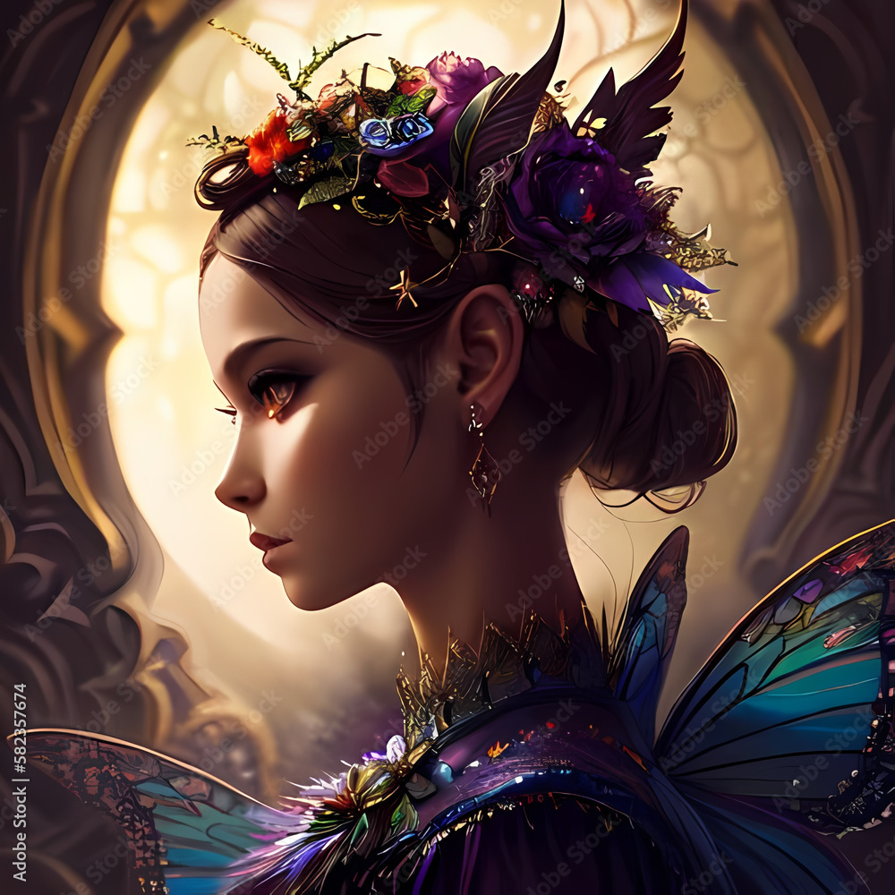 anthropomorphic lifeform, half female human, half fairy character