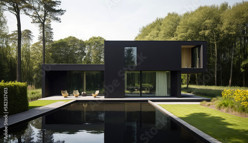 Ultra-modern minimalistic style black wood house design. Generative AI © piai