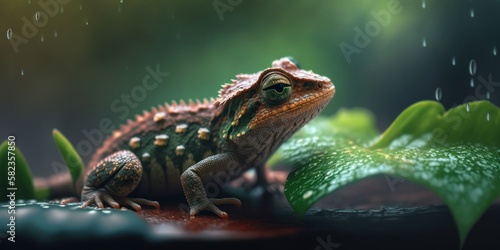 a colorful lyzard on top of a wet leaf and some water drops