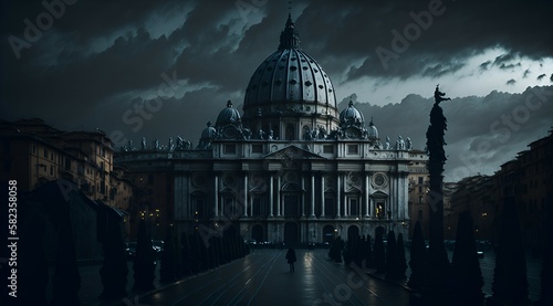 Dark Gloomy Majesty Vatican City and St. Peter's Basilica Dramatic Landscape Created With Generative Ai