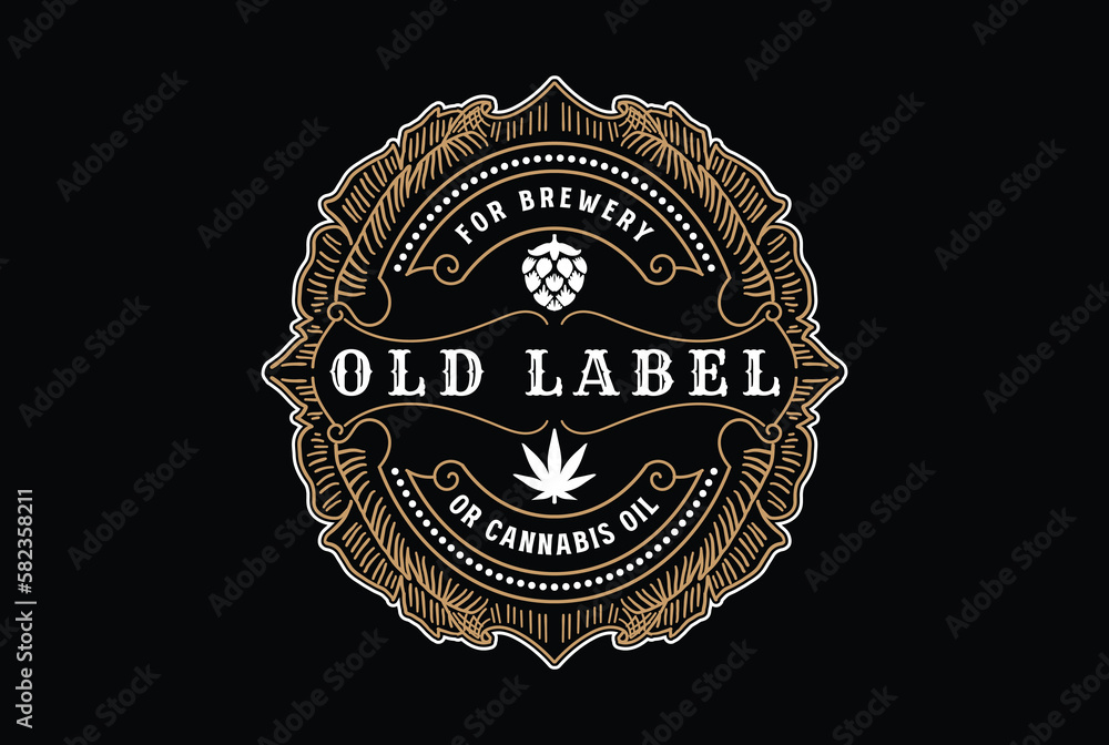 Obraz premium Vintage Retro Golden Hops Craft Beer or Cannabis Marijuana Leaf CBD Hemp Oil Badge Emblem Label Logo Design