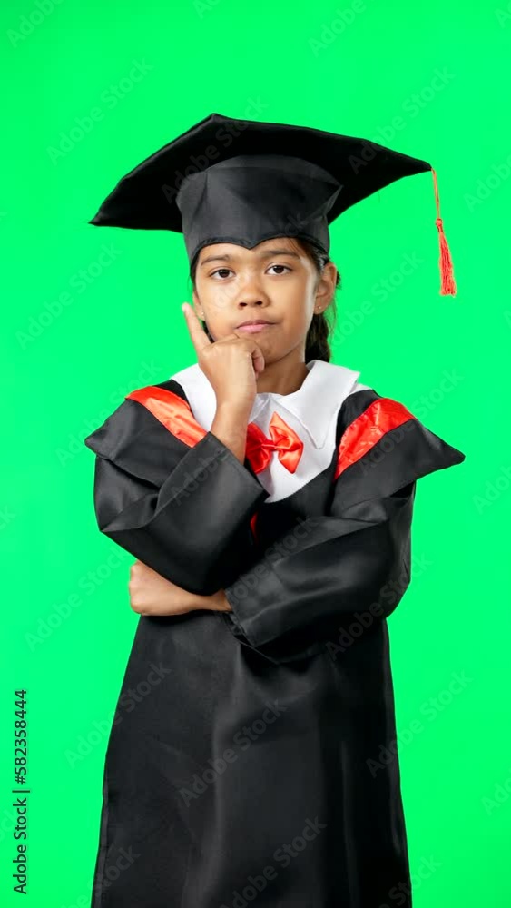 Graduation, education and thinking child on green screen for graduate, academy ceremony and award. Primary school, student and portrait of young girl with knowledge, achievement and success in studio Graduation, education and thinking child on green screen for graduate, academy ceremony and award. Primary school, student and portrait of young girl with knowledge, achievement and success in studio