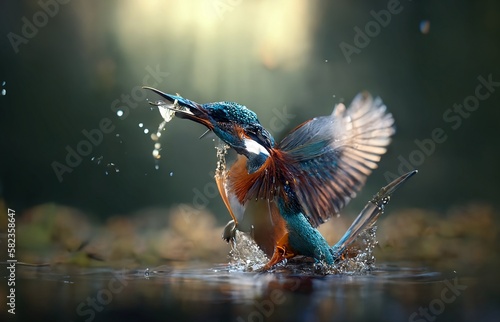 Beautiful Kingfisher Catching a Fish- Generative AI  © Sophia