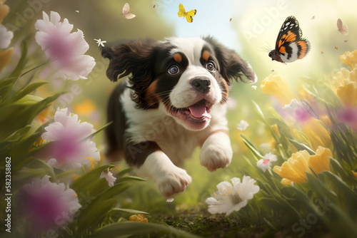 Playful Pup Chasing Butterfly, Spring Season, Generative Ai