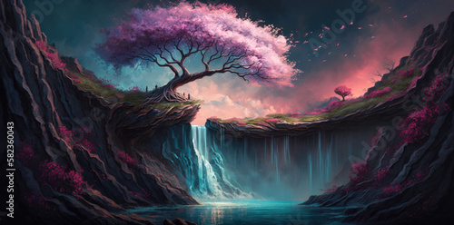 Spring cherry tree with delicate pink blossoms and petals growing on rocky cliff island with waterfalls, season of renewal and growth, cloudy otherworldly fantasy world background - Generative AI.	 photo
