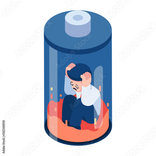 Isometric Businessman Sitting Inside Low Energy Battery