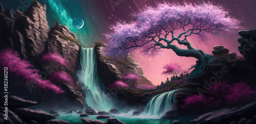 Spring cherry tree with delicate pink blossoms and petals growing on rocky cliff island with waterfalls, season of renewal and growth, cloudy otherworldly fantasy world background - Generative AI. 