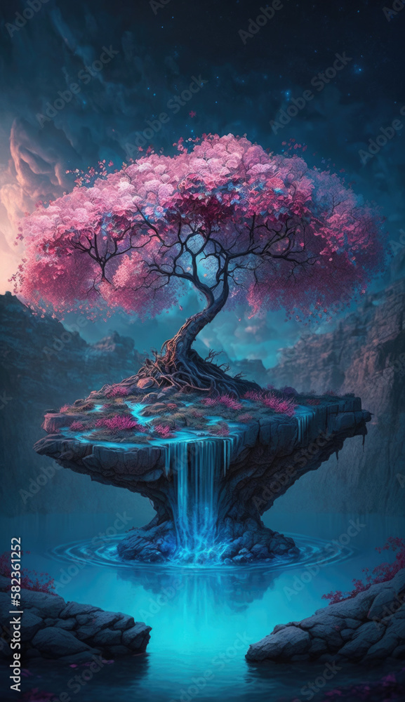 Spring cherry tree with delicate pink blossoms and petals growing on rocky cliff island with waterfalls, season of renewal and growth, cloudy otherworldly fantasy world background - Generative AI.	