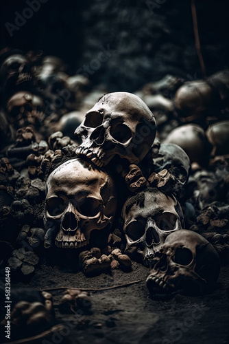 human skulls and bones of people killed in war in crypt burial in cemetery. Generative AI illustration