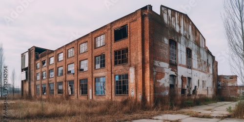 Outside view of an abandoned factory. Generative AI image