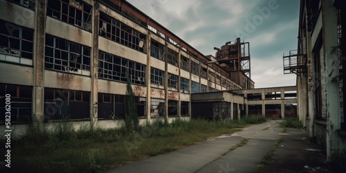 Outside view of an abandoned factory. Generative AI image