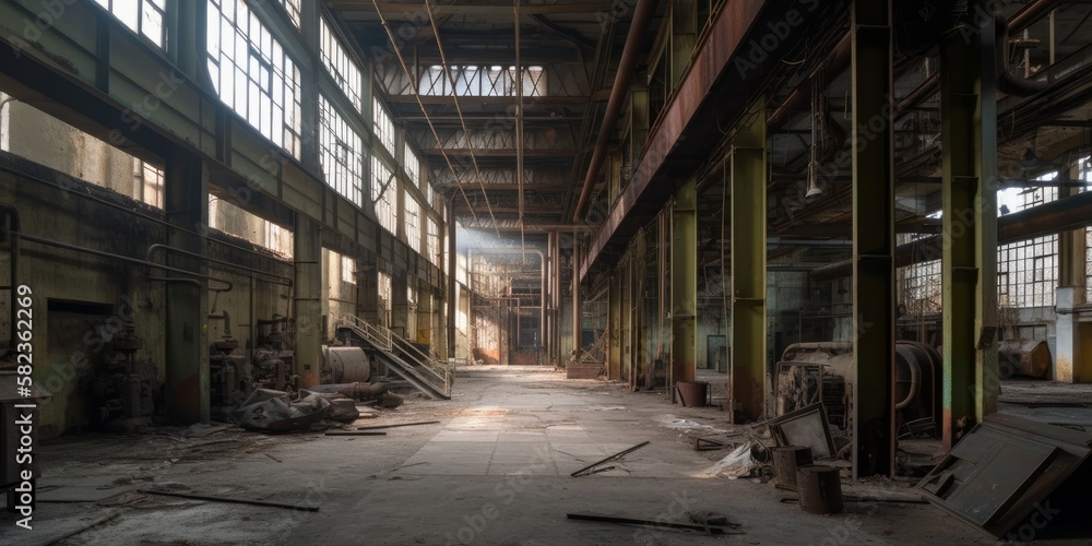Inside view of an abandoned factory. Generative AI image