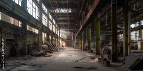 Inside view of an abandoned factory. Generative AI image