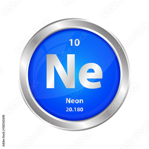 Icon structure Neon (Ne) chemical element round shape circle blue. Chemical element of the periodic table. Sign with atomic number. Study in science for education. 3D vector illustration.