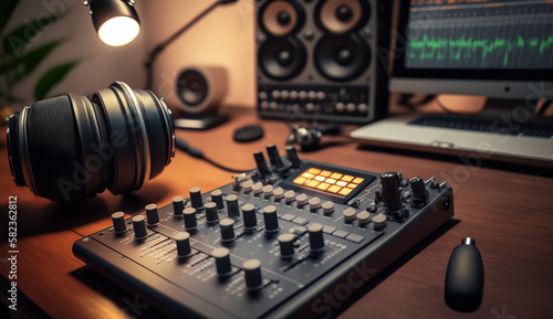 Home Studio Music Recording Interior. Microphone, Guitar, Drum, Bass, Close-Up Generative AI