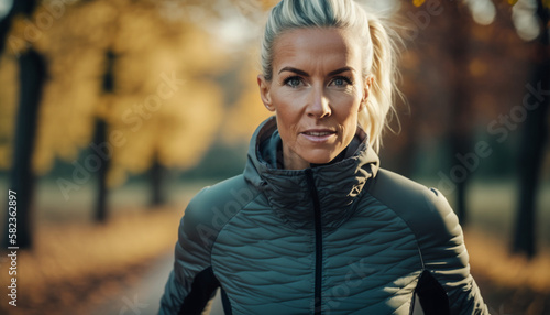 Image Generated AI. Middle aged woman running on a park, Generative AI