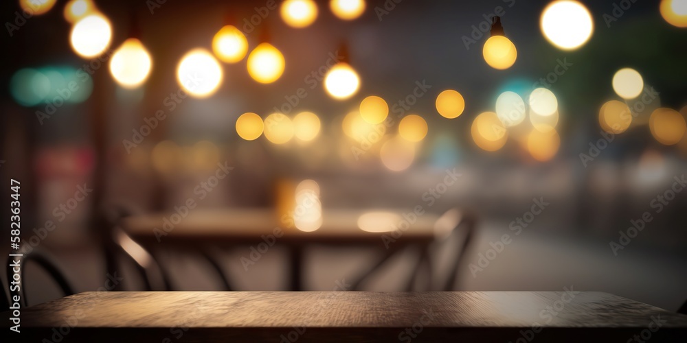Blurred lights of a restaurant behind a wooden table, Generative AI Blurred lights of a restaurant behind a wooden table, Generative AI
