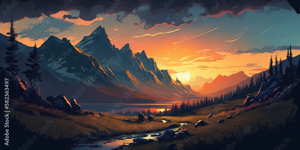 illustration of Breathtaking sunset view of the mountains background, Generative AI
