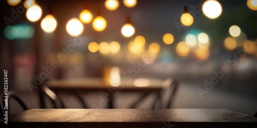 Blurred lights of a restaurant behind a wooden table, Generative AI