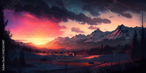 A illustration of panoramic sunset landscape of the mountains background, Generative AI