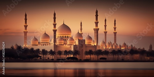 Sunset over the grand mosque background, Generative AI