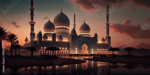 Afterglow of the grand mosque at sundown background, Generative AI © Creative Division