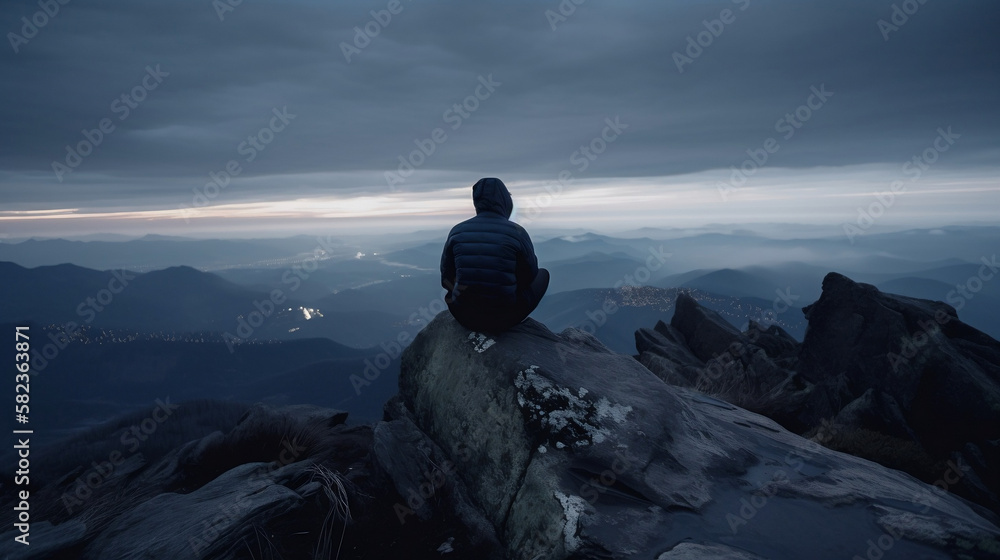 A person sitting on a rocky mountain summit. Generative AI