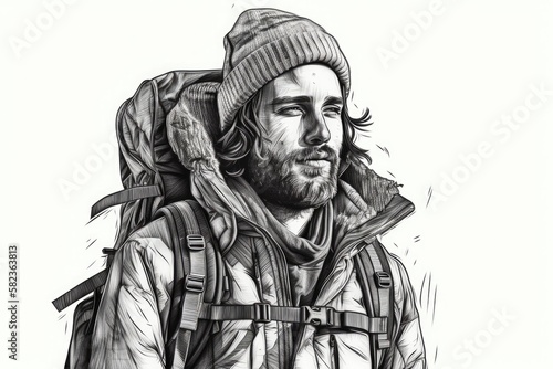 Portrait of an Active Lifestyle: Line Style Drawing of a Mountain Traveler
