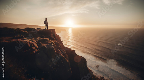 A person standing at the edge of a cliff overlooking the ocean. Generative AI