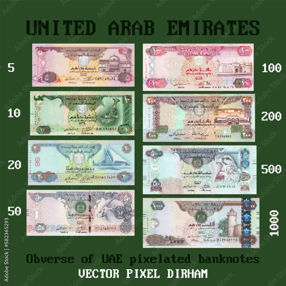 Vector Set Of United Arab Emirates Paper Pixelated Mosaic Banknotes vector-set-of-united-arab-emirates-paper-pixelated-mosaic-banknotes